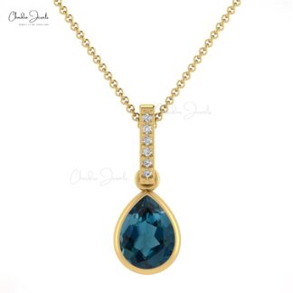 Solid 14k Gold Dangling Pendant with 0.95 Ct London Blue Topaz And Diamond Drop Pendant