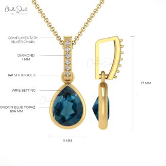 Solid 14k Gold Dangling Pendant with 0.95 Ct London Blue Topaz And Diamond Drop Pendant