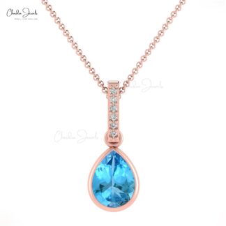 Pear Dangle Pendant in 14k Real Gold With 8x6mm Swiss Blue Topaz Diamond Pendants