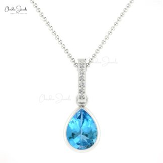 Pear Dangle Pendant in 14k Real Gold With 8x6mm Swiss Blue Topaz Diamond Pendants