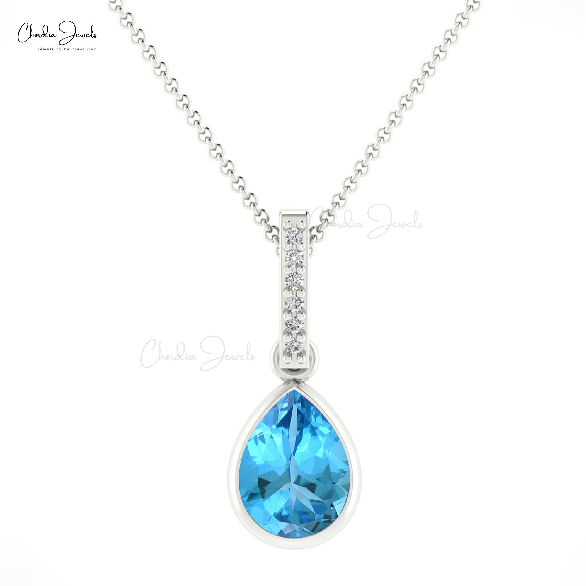 Pear Dangle Pendant in 14k Real Gold With 8x6mm Swiss Blue Topaz Diamond Pendants