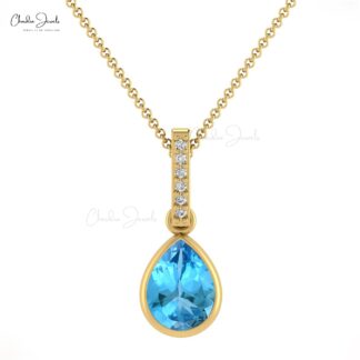 Pear Dangle Pendant in 14k Real Gold With 8x6mm Swiss Blue Topaz Diamond Pendants
