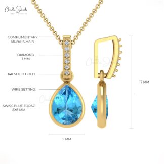 Pear Dangle Pendant in 14k Real Gold With 8x6mm Swiss Blue Topaz Diamond Pendants