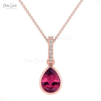 Dual Birthstone Pendant With 0.95 Ct Pink Tourmaline & Diamond 14k Real Gold Dangle Pendants