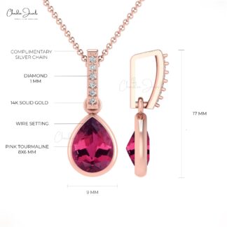 Dual Birthstone Pendant With 0.95 Ct Pink Tourmaline & Diamond 14k Real Gold Dangle Pendants