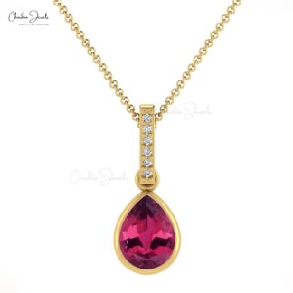 Dual Birthstone Pendant With 0.95 Ct Pink Tourmaline & Diamond 14k Real Gold Dangle Pendants