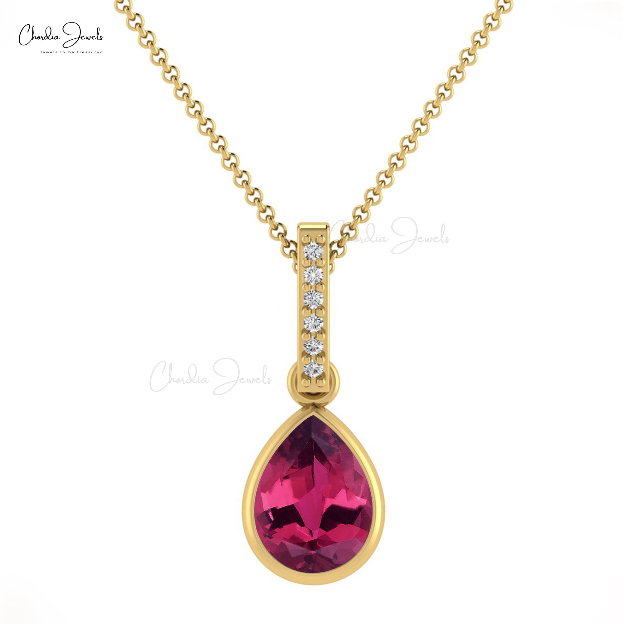 Dual Birthstone Pendant With 0.95 Ct Pink Tourmaline & Diamond 14k Real Gold Dangle Pendants