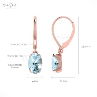 Aquamarine Oval Dangle Lever Back Earrings in 14k Gold