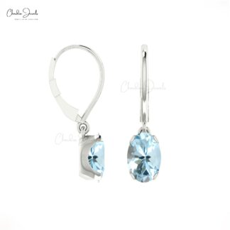Aquamarine Oval Dangle Lever Back Earrings in 14k Gold