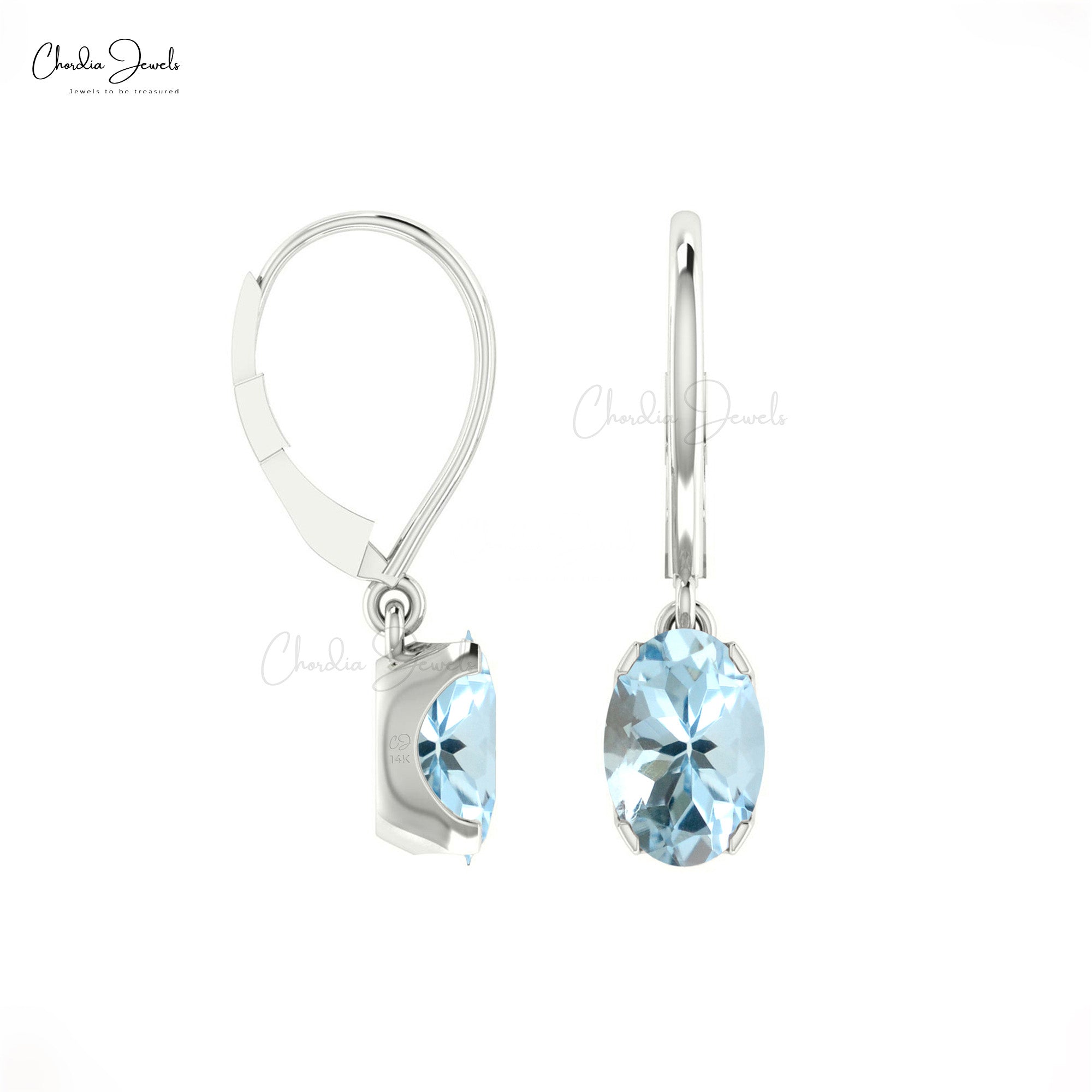 Aquamarine Oval Dangle Lever Back Earrings in 14k Gold