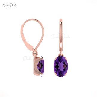 Delicate Amethyst Dangling Earrings 6x4mm Oval Gemstone Minimalist Earrings Genuine 14k Real Gold Lever Back Earrings For Fiance Gift