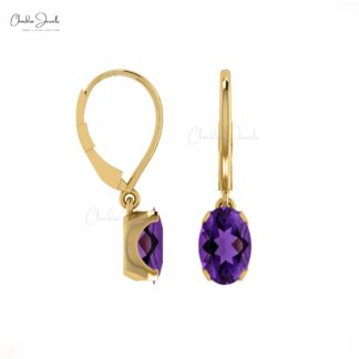 Delicate Amethyst Dangling Earrings 6x4mm Oval Gemstone Minimalist Earrings Genuine 14k Real Gold Lever Back Earrings For Fiance Gift