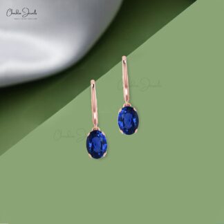 Genuine 6x4mm Blue Sapphire Dangle Earrings in 14k Solid Gold Jewelry For Women