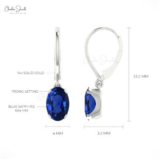 Genuine 6x4mm Blue Sapphire Dangle Earrings in 14k Solid Gold Jewelry For Women