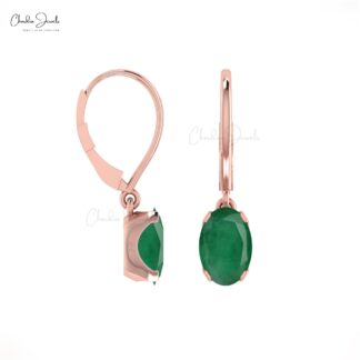 Genuine Emerald Leverback Dangling Earrings In 14k Real Gold