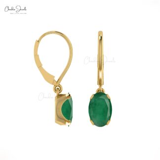 Genuine Emerald Leverback Dangling Earrings In 14k Real Gold