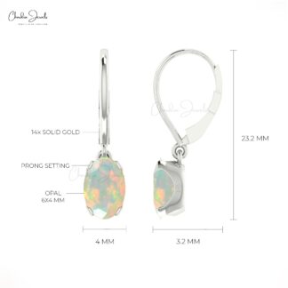 Elegant 14k Real Gold Leverback Earrings Natural 0.56ct Opal Gemstone Dangle Earring
