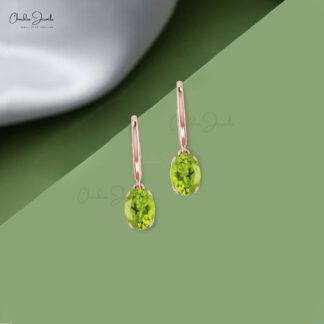Dainty 1.1ct Peridot Gemstone Dangle Earrings 14k Gold August Birthstone Leverback Earring