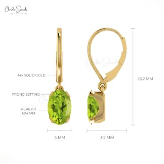 Dainty 1.1ct Peridot Gemstone Dangle Earrings 14k Gold August Birthstone Leverback Earring