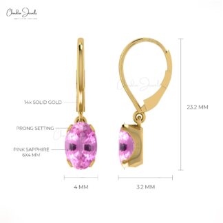 Solid 14k Gold Pink Sapphire Dangle Earrings 1.16ct September Birthstone Light Weight Earring
