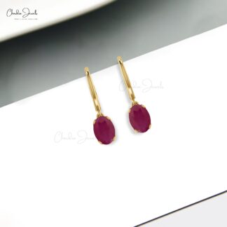 Genuine Oval Ruby July Birthstone Accents in 14k Real Gold Solitaire Dangle Earrings