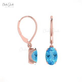 AAA Swiss Blue Topaz Dangle Earrings In 14k Solid Gold Solitaire Gemstone Fine Jewelry