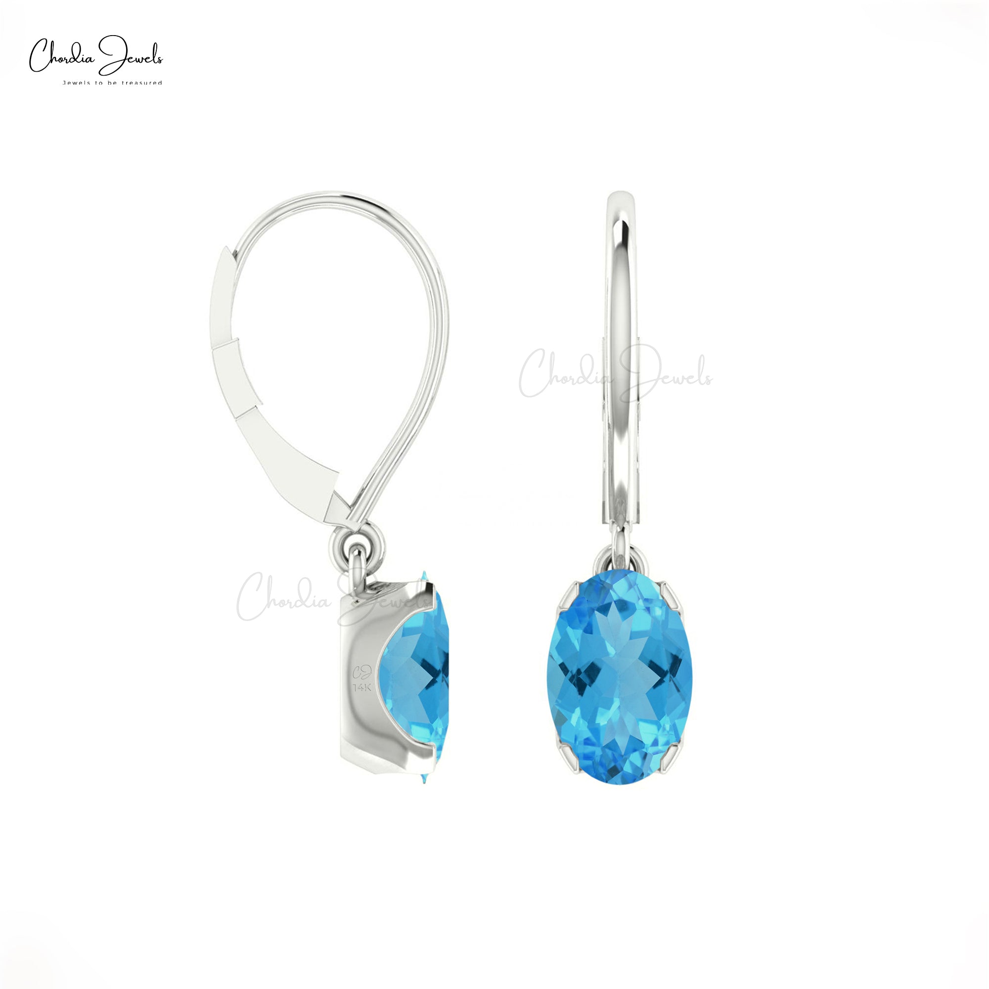 AAA Swiss Blue Topaz Dangle Earrings In 14k Solid Gold Solitaire Gemstone Fine Jewelry