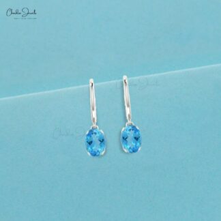 AAA Swiss Blue Topaz Dangle Earrings In 14k Solid Gold Solitaire Gemstone Fine Jewelry