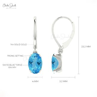 AAA Swiss Blue Topaz Dangle Earrings In 14k Solid Gold Solitaire Gemstone Fine Jewelry