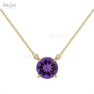 Small Solitaire Necklace With 0.7ct Amethyst & Diamond Accents 14k Solid Gold Simple Necklace For Her