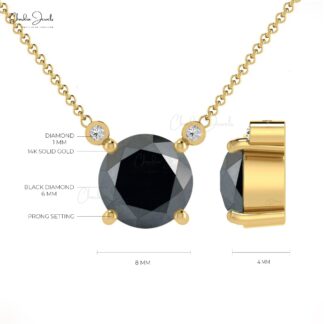 Natural Black Diamond & White Diamond Necklace, 14k Solid Gold Necklace, 6mm Round Faceted April Birthstone Necklace, Wedding Gift for Her
