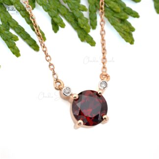 Round Brilliant Cut Garnet Solitaire Necklace Pendant Natural Diamond Accented Necklace in 14k Real Rose Gold Valentine Day Gift