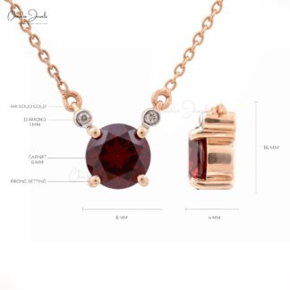 Round Brilliant Cut Garnet Solitaire Necklace Pendant Natural Diamond Accented Necklace in 14k Real Rose Gold Valentine Day Gift