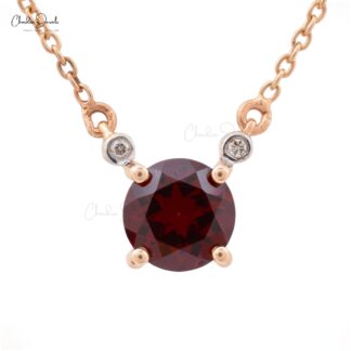 Round Brilliant Cut Garnet Solitaire Necklace Pendant Natural Diamond Accented Necklace in 14k Real Rose Gold Valentine Day Gift
