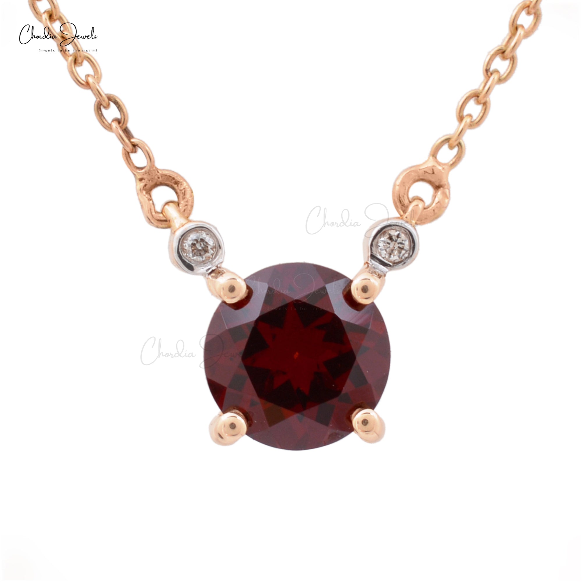 Round Brilliant Cut Garnet Solitaire Necklace Pendant Natural Diamond Accented Necklace in 14k Real Rose Gold Valentine Day Gift
