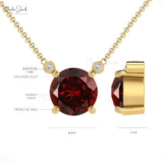 Brilliant Cut Diamond 3 Stone Necklace With 6mm Red Garnet 14k Yellow Gold Chain Jewelry