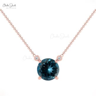 Solitaire Necklace With Natural 0.5ct London Blue Topaz 14k Real Gold Diamond Studded Simple Necklace