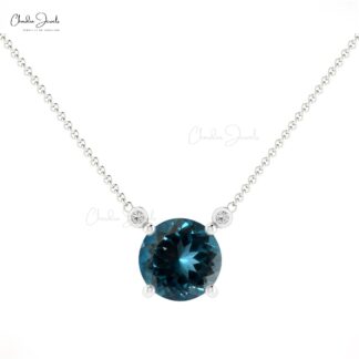 Solitaire Necklace With Natural 0.5ct London Blue Topaz 14k Real Gold Diamond Studded Simple Necklace