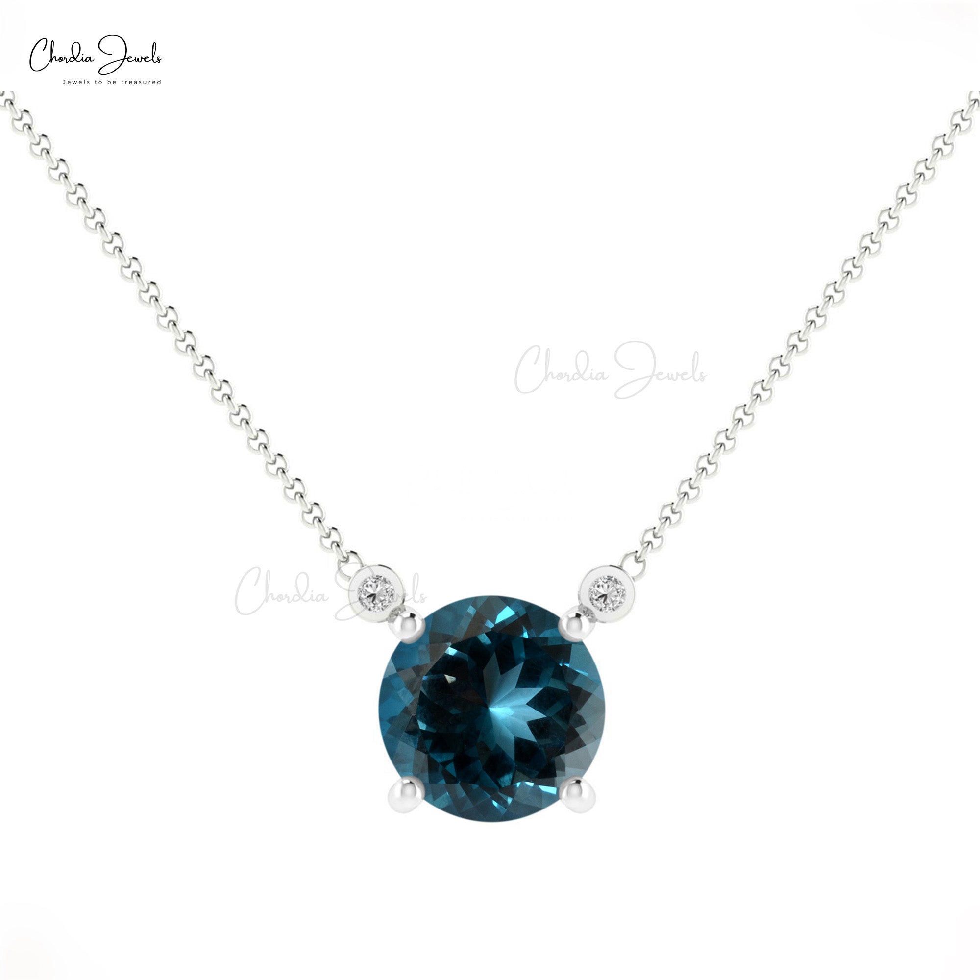 Solitaire Necklace With Natural 0.5ct London Blue Topaz 14k Real Gold Diamond Studded Simple Necklace