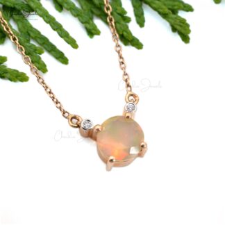 Genuine White Diamond Minimalist Necklace Pendant Ethiopian Fire Opal Gemstone Pendant Pure 14k Rose Gold Handmade Jewelry For Women