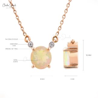 Genuine White Diamond Minimalist Necklace Pendant Ethiopian Fire Opal Gemstone Pendant Pure 14k Rose Gold Handmade Jewelry For Women