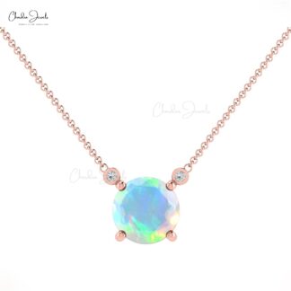 Natural Ethiopian Opal and Diamond Necklace, 14k Solid Gold 6mm Round Gemstone Handmade Necklace, Wedding Anniversary Necklace Gift for Her