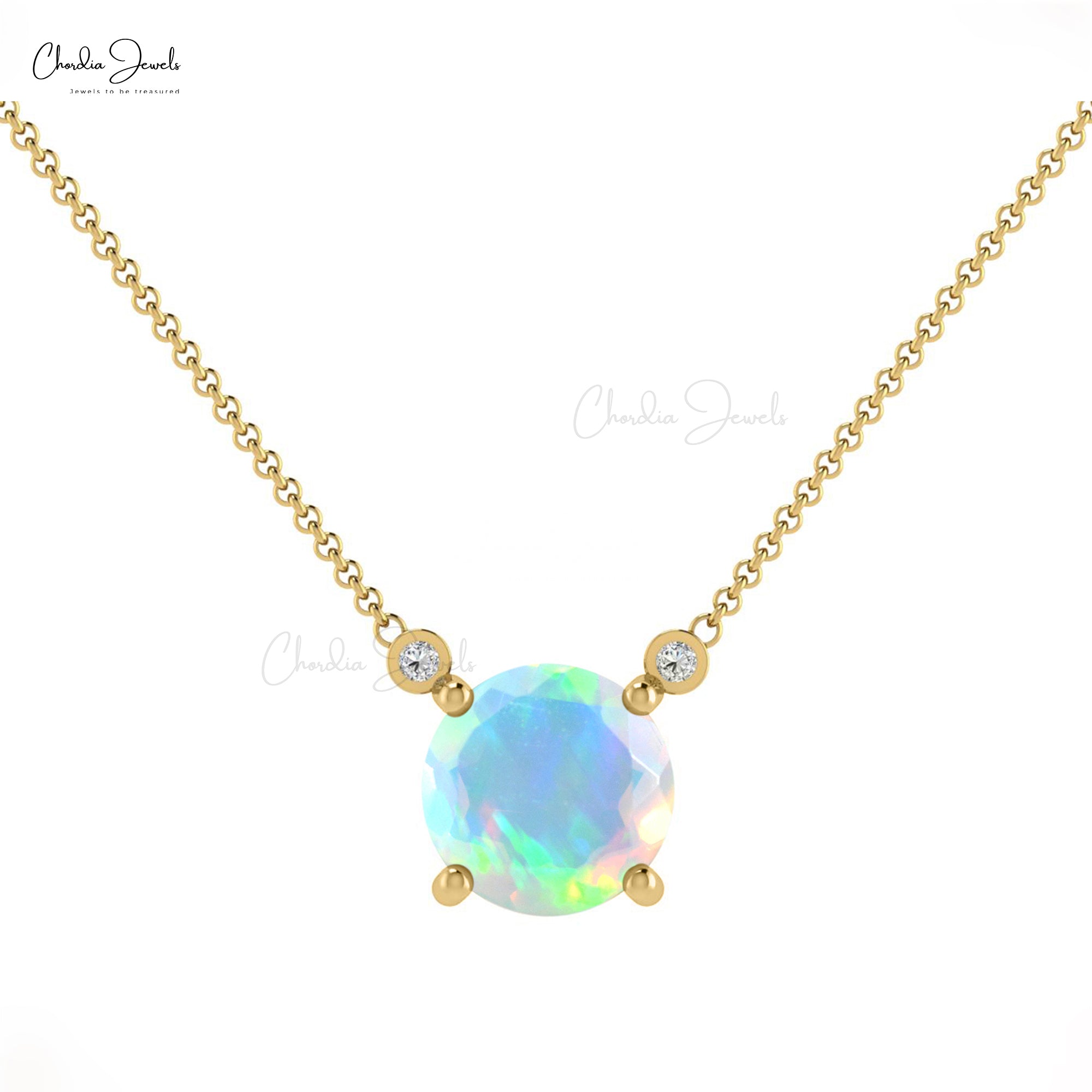 Trilogy Unique Chain Necklace In 14k Pure Yellow Gold Fire Opal G-H Diamond Necklaces