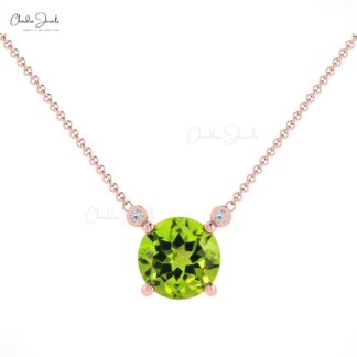 Solitaire Necklace With Genuine 0.5ct Peridot & Diamond Accents 14k Solid Gold August Birthstone Necklace