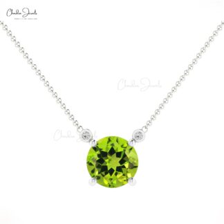 Solitaire Necklace With Genuine 0.5ct Peridot & Diamond Accents 14k Solid Gold August Birthstone Necklace