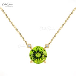 Solitaire Necklace With Genuine 0.5ct Peridot & Diamond Accents 14k Solid Gold August Birthstone Necklace