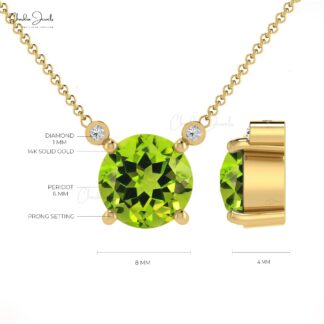 Solitaire Necklace With Genuine 0.5ct Peridot & Diamond Accents 14k Solid Gold August Birthstone Necklace