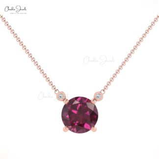 Natural 0.75ct Rhodolite Garnet & Diamond Necklace 14k Solid Gold Prong Set Necklace For Women