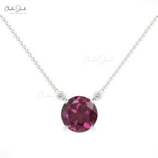 Natural 0.75ct Rhodolite Garnet & Diamond Necklace 14k Solid Gold Prong Set Necklace For Women