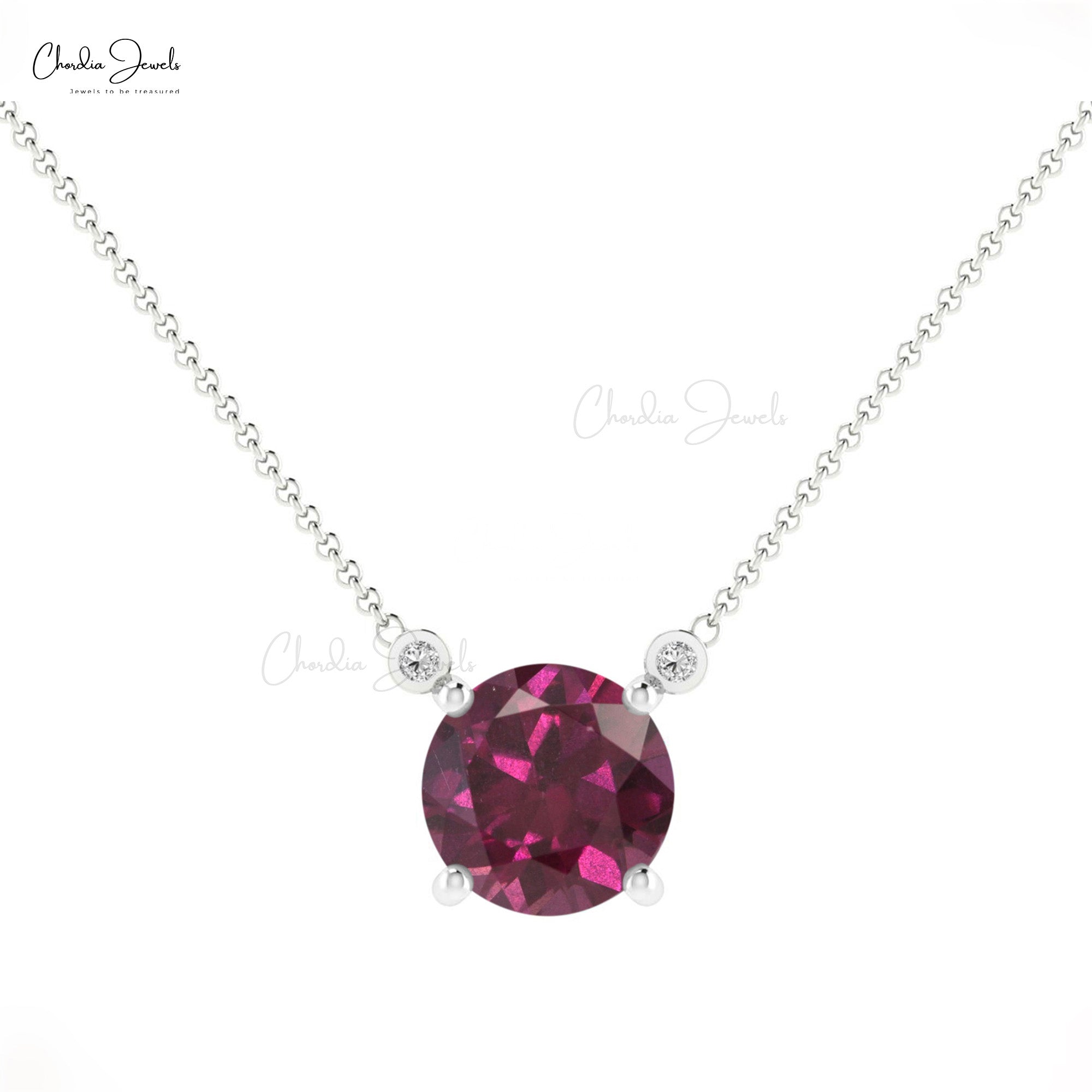 Natural 0.75ct Rhodolite Garnet & Diamond Necklace 14k Solid Gold Prong Set Necklace For Women